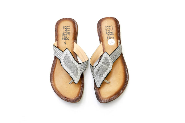 Bejeweled Silver Leather Chappal- Sandals- Women's - South Asian Fashion & Unique Home Decor