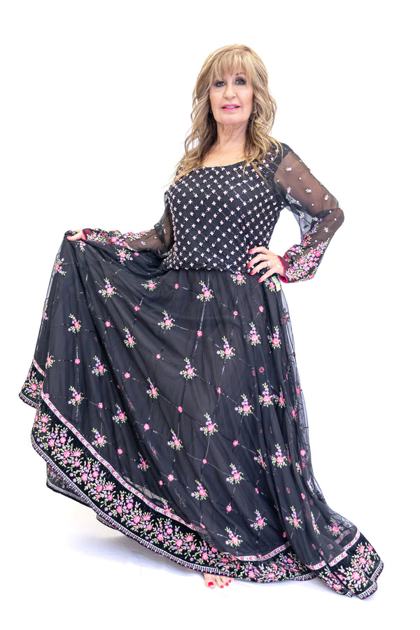 Maia B. Desinger Black Floral Net Lengha - Women's  South Asian Fashion - Formal Wear