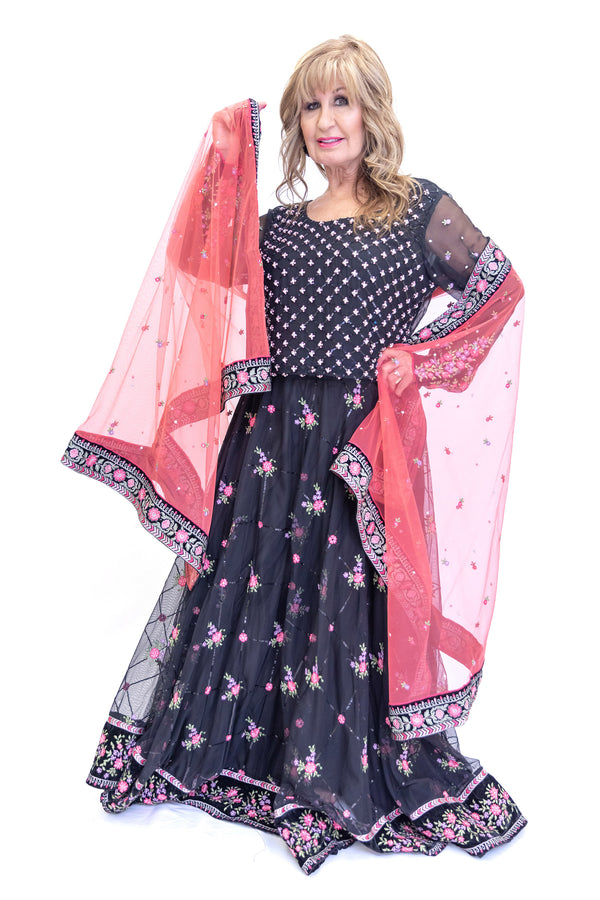 Maia B. Desinger Black Floral Net Lengha - Women's  South Asian Fashion - Formal Wear
