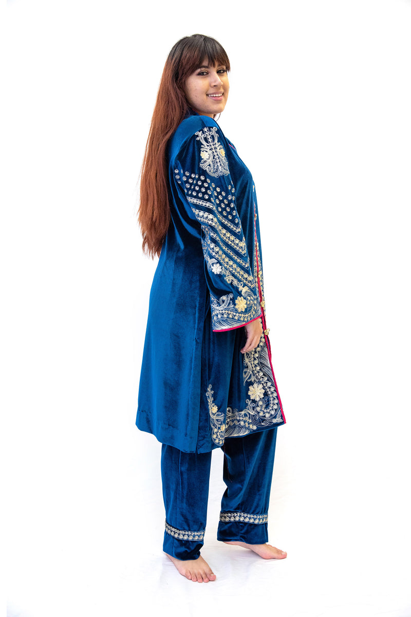 Blue Velvet Salwar Kameez - Suit - South Asian Fashion
