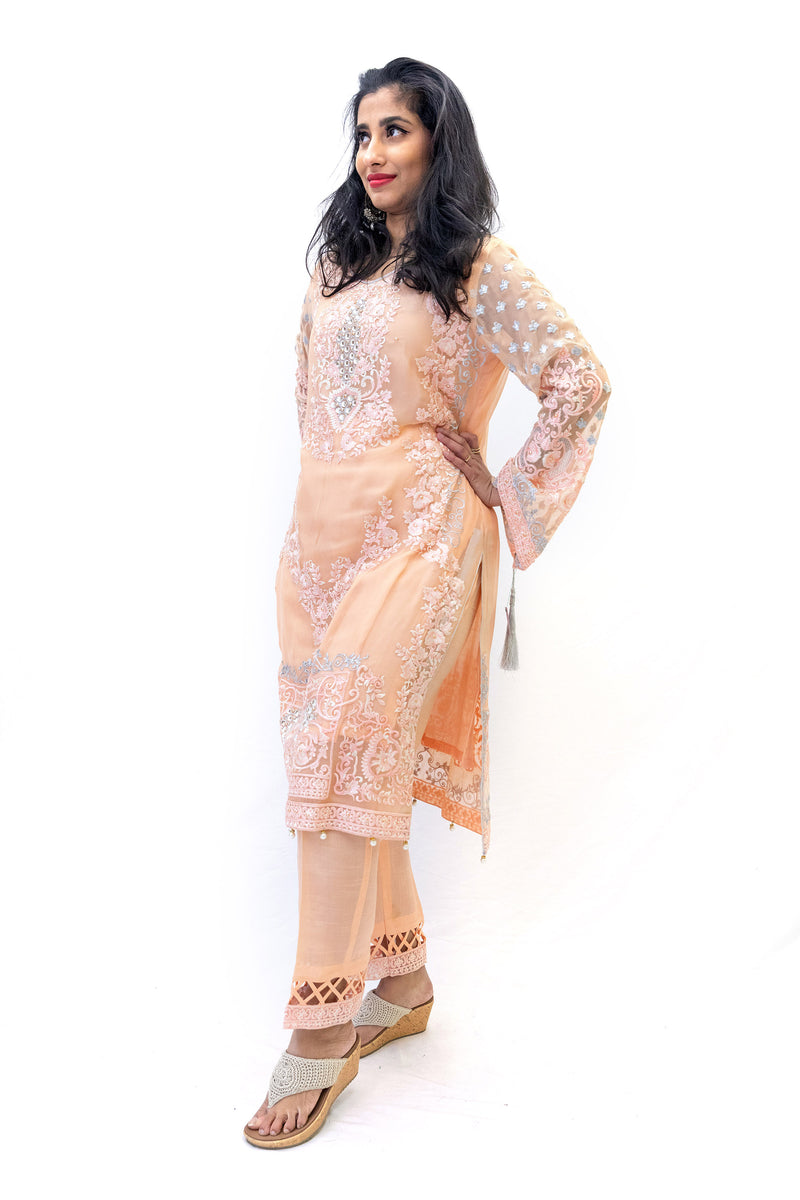 Peach Chiffon Salwar Kameez - Suit - South Asian Formal Wear