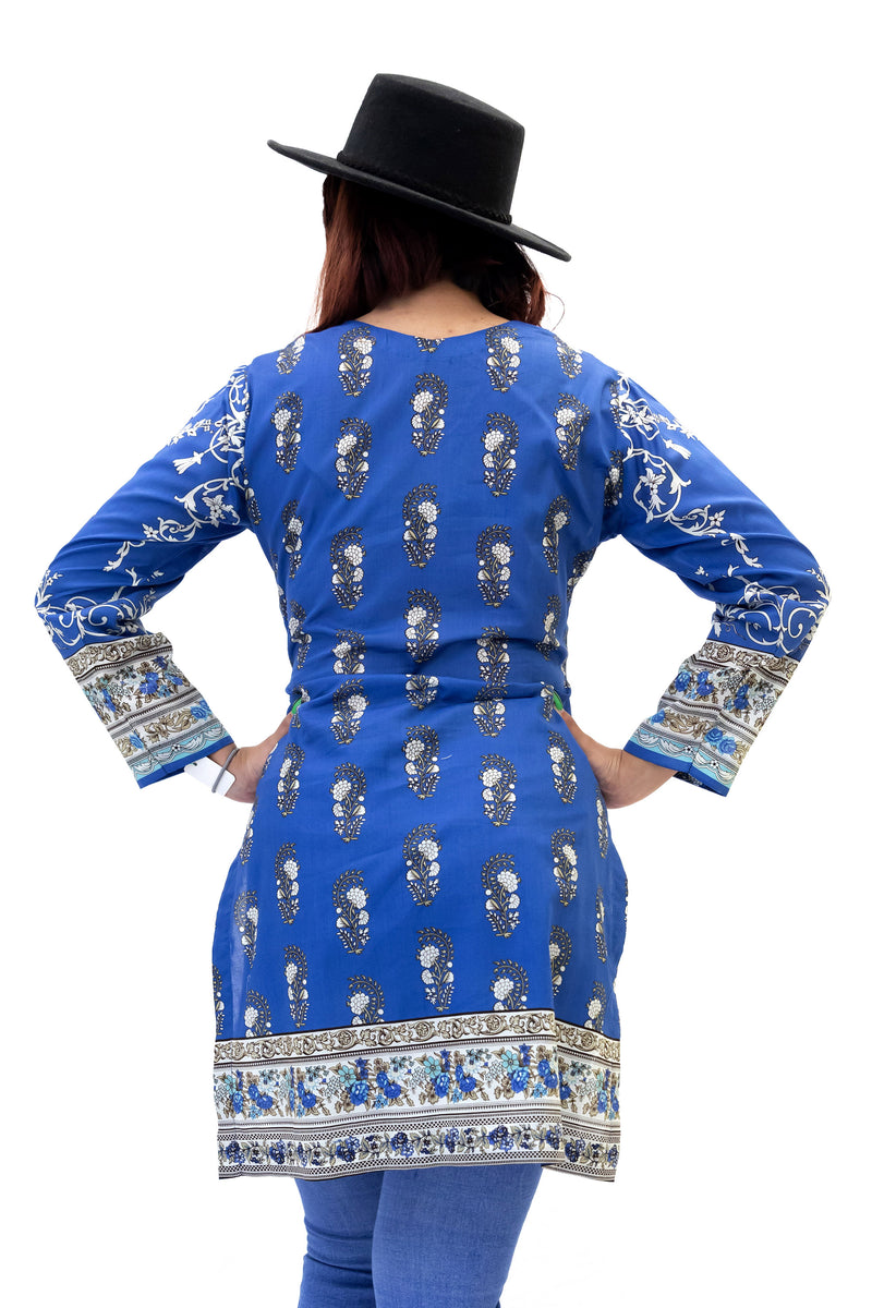 Blue Cotton Print Kurti - Shirt - Women's South Asian Casual Wear