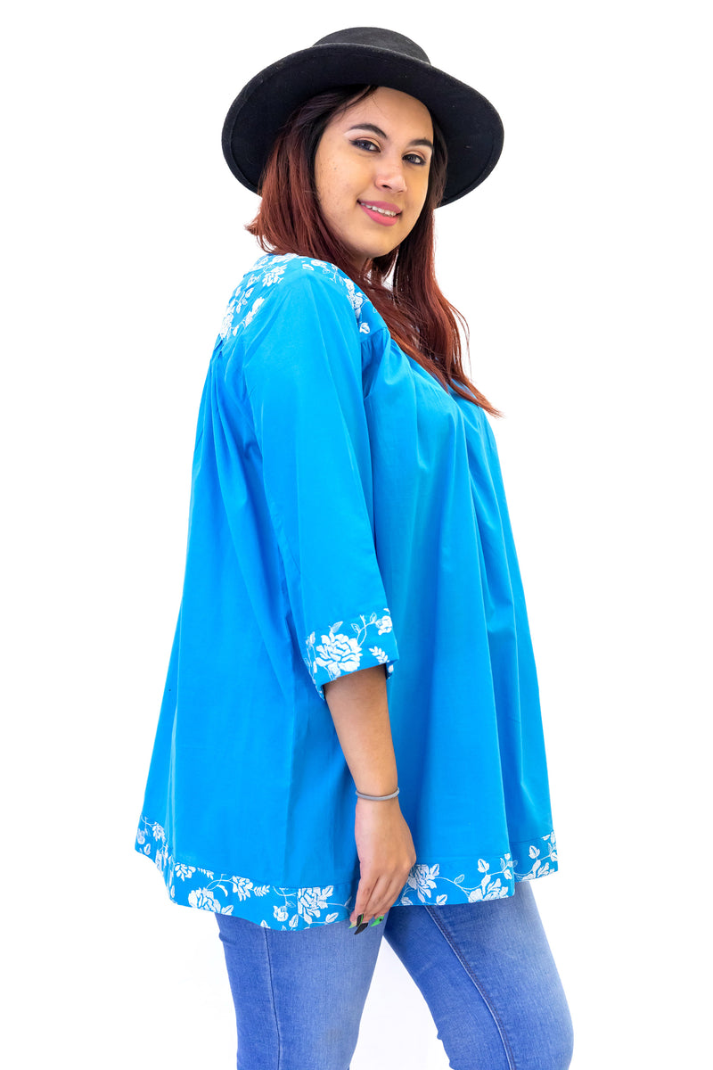 Blue Cotton Sequin Embroidered Kurti - Women's Shirt