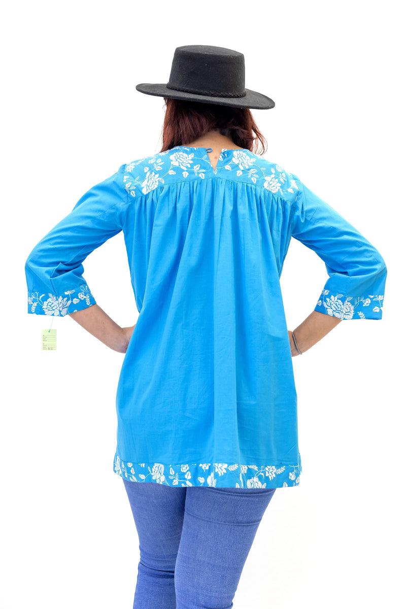 Blue Cotton Sequin Embroidered Kurti - Women's Shirt