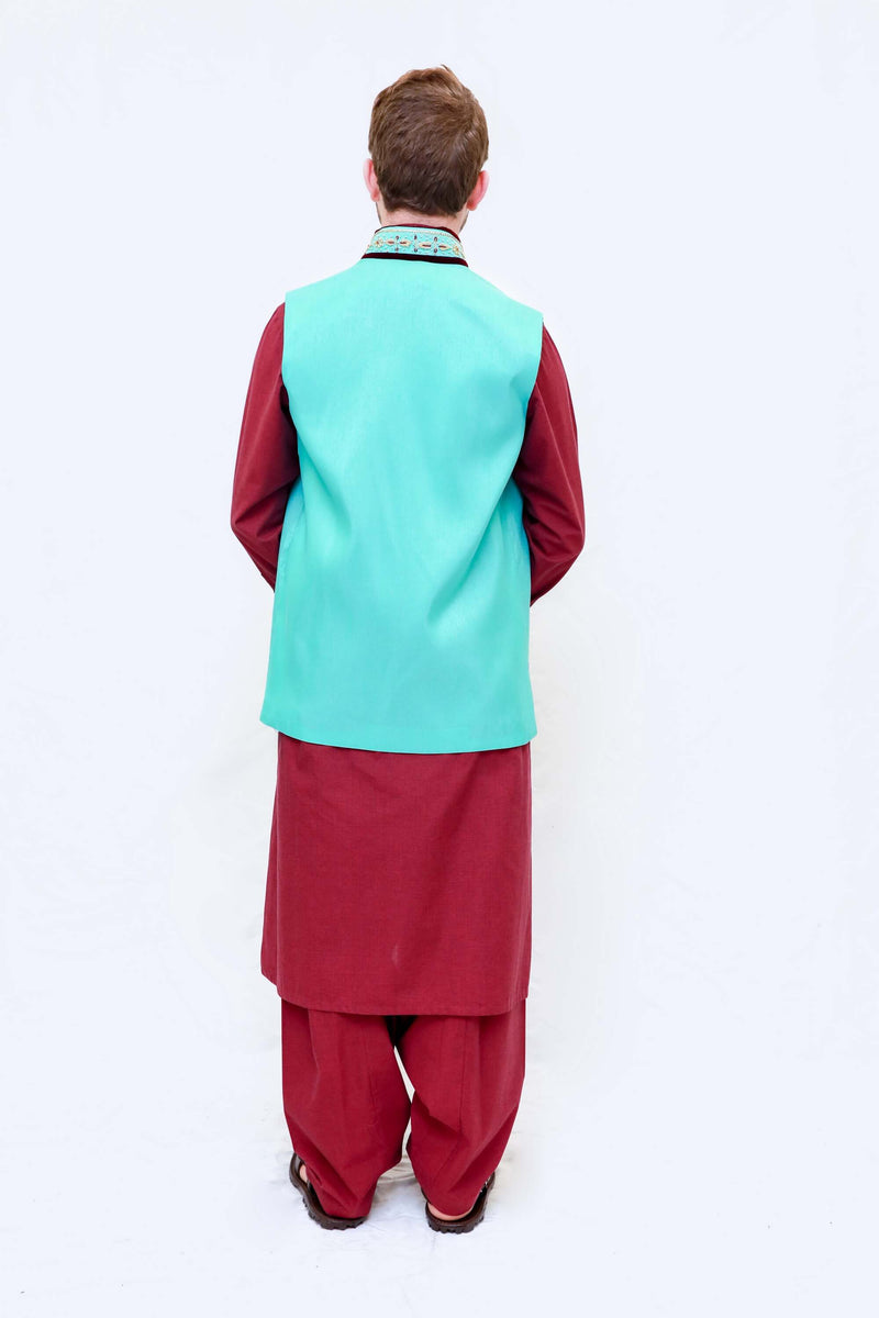 Men Blue Vest and Red Cotton Suit - Trendz & Traditionz Boutique