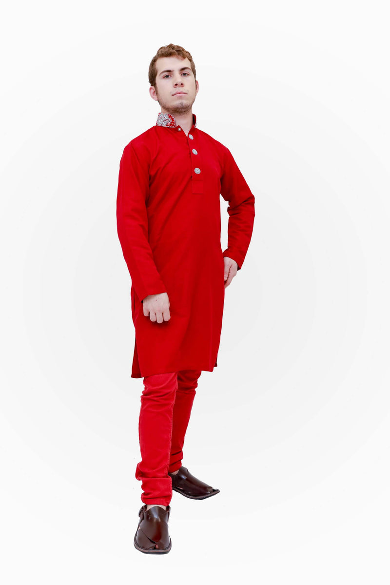  Red Cotton Embroidery Shirt-Kurta-Kameez  -Trendz & Traditionz Boutique 