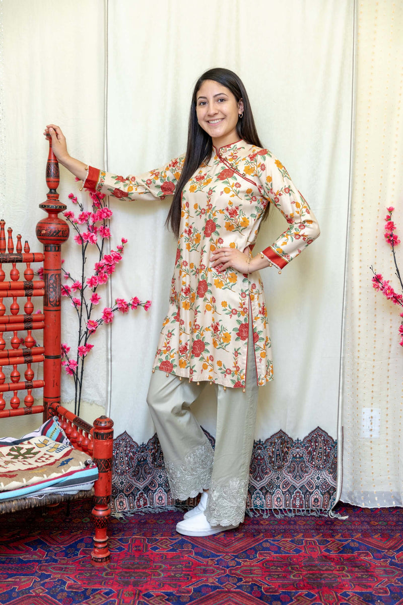 Orange Floral Chinese Style Shirt - Trendz & Traditionz Boutique