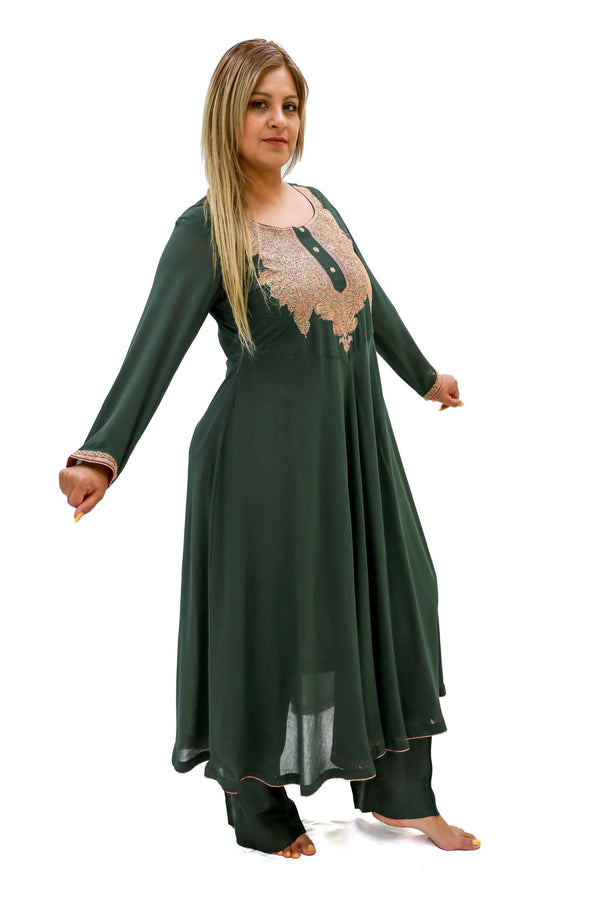 Green Chiffon Salwar Kameez - Kashmir Suit - South Asian Fashion and Clothing