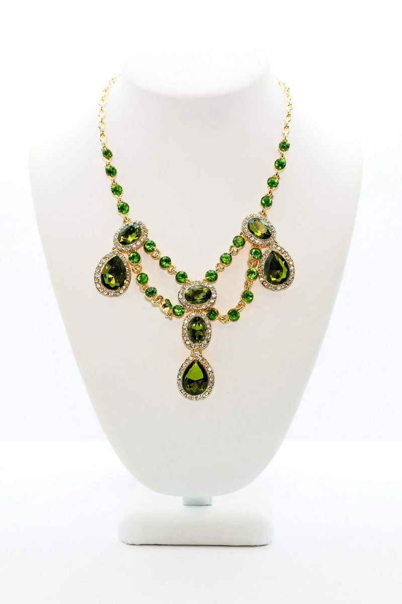 Green Earrings With Large Peridot Colored Stone and Golden Green Crystal Necklace