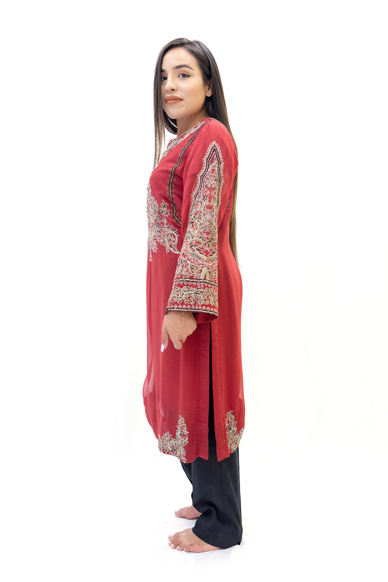 Red Chiffon Salwar Kameez - Suit - Erum Khan - South Asian Fashion
