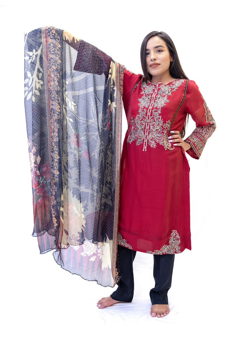 Red Chiffon Salwar Kameez - Suit - Erum Khan - South Asian Fashion