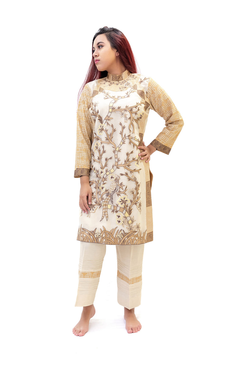 Beige & White Cotton Salwar Kameez - Suit - Trendy South Asian Fashion