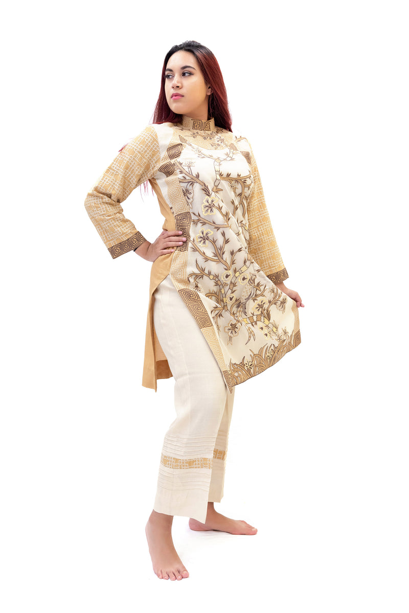 Beige & White Cotton Salwar Kameez - Suit - Trendy South Asian Fashion