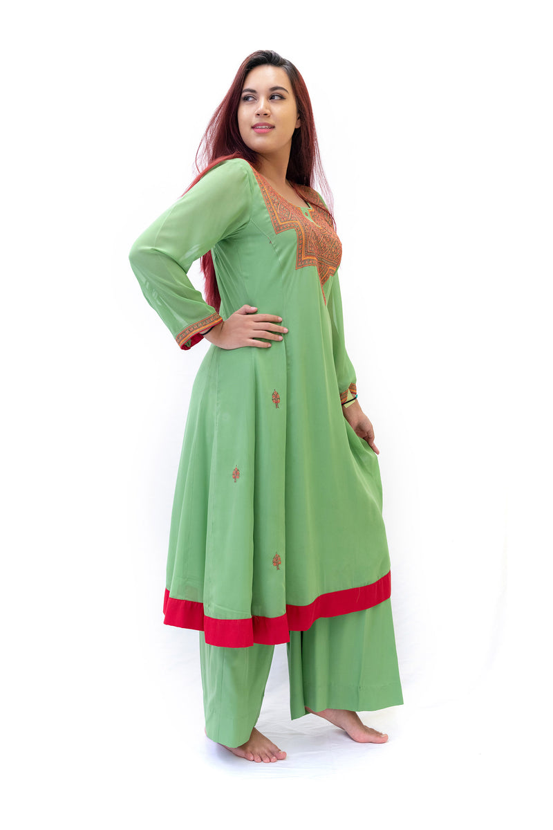 Green Chiffon Salwar Kameez - Rashmir Suit - Women's South Asian Fashion 