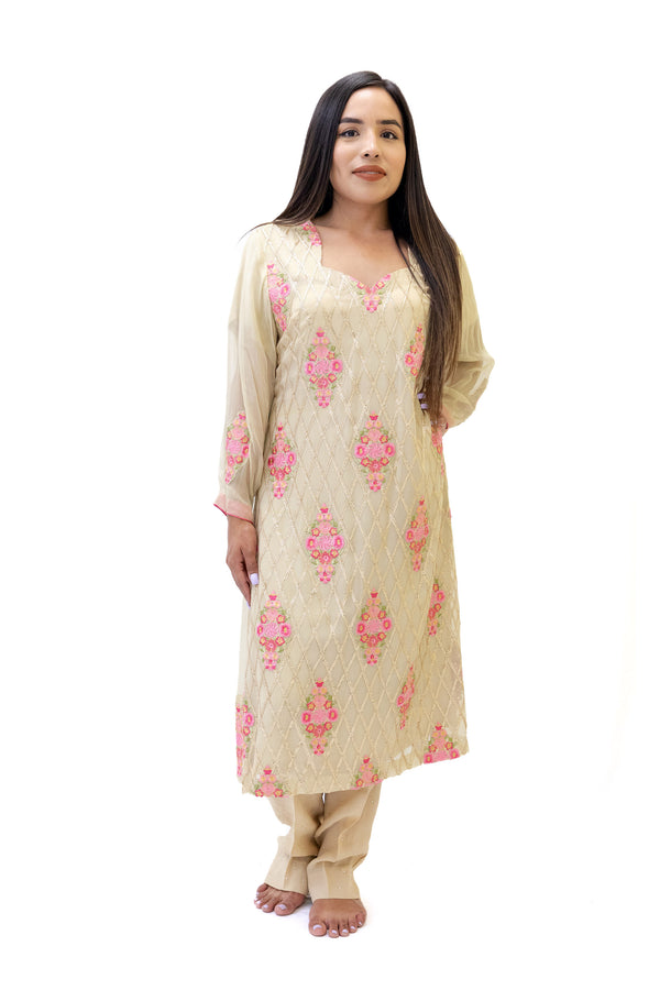 Beige Floral Chiffon Salwar Kameez-Suit - Trendz & Traditionz Boutique 