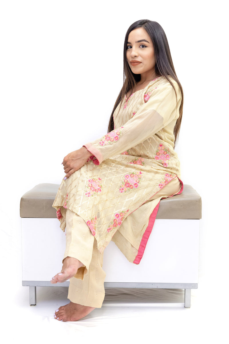 Beige Floral Chiffon Salwar Kameez-Suit - Trendz & Traditionz Boutique 