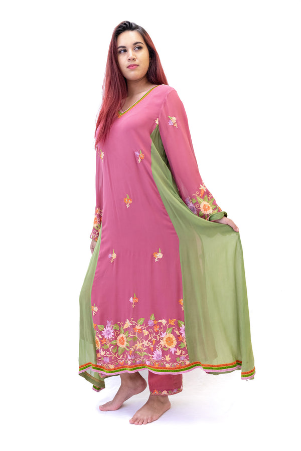 Pink & Green Chiffon Salwar Kameez - Suit - South Asian Fashion