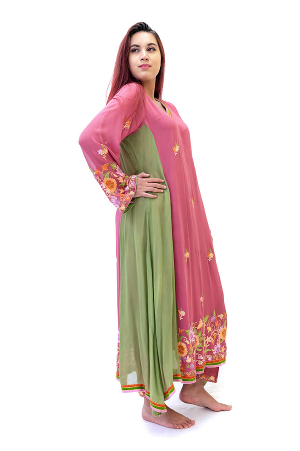 Pink & Green Chiffon Salwar Kameez - Suit - South Asian Fashion