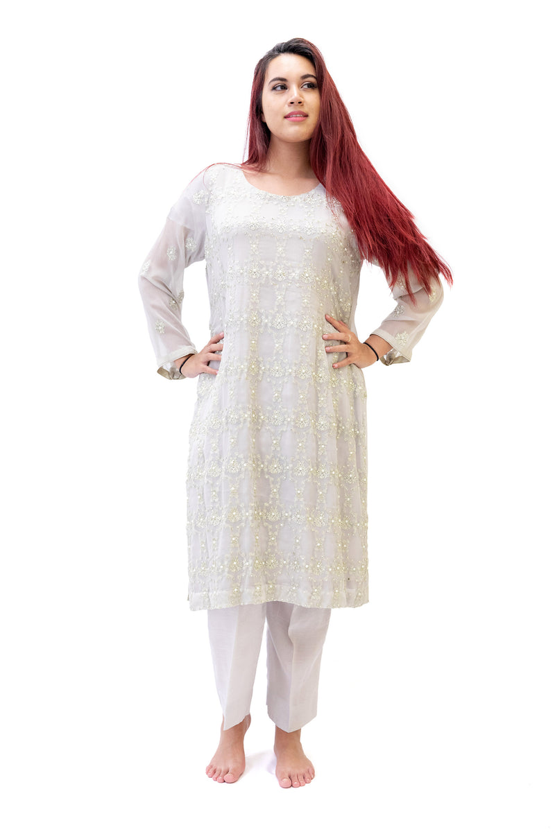 Light Grey Chiffon Salwar Kameez - Suit - South Asian Fashion