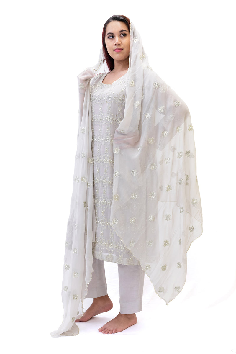 Light Grey Chiffon Salwar Kameez - Suit - South Asian Fashion