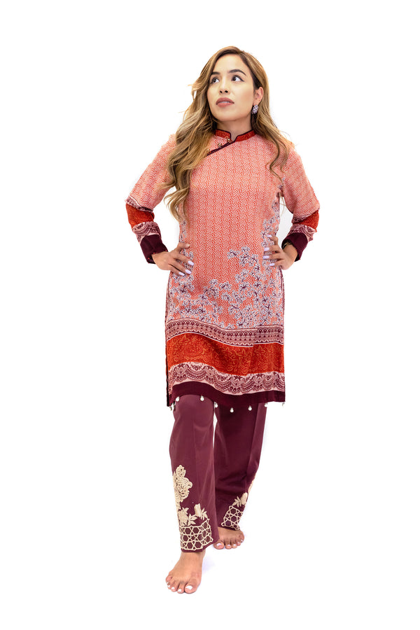 Orange Cotton Shirt & Maroon Cotton Pants - South Asian Fashion