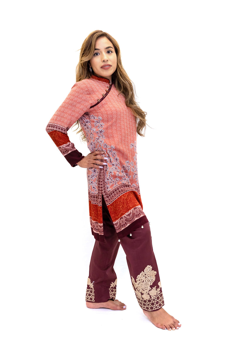 Orange Cotton Shirt & Maroon Cotton Pants - South Asian Fashion