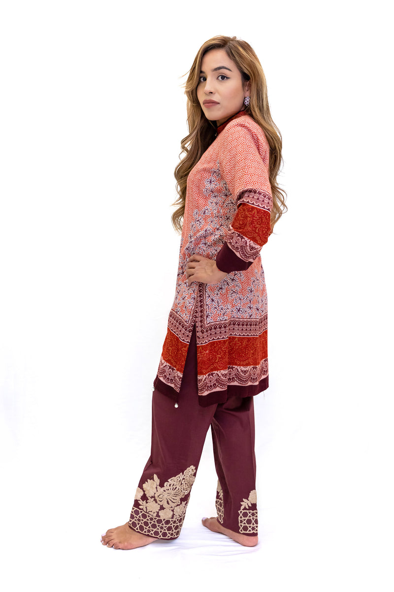 Orange Cotton Shirt & Maroon Cotton Pants - South Asian Fashion