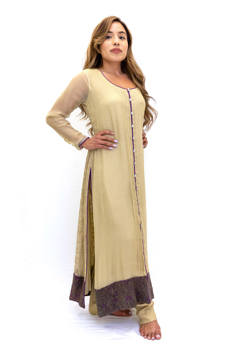 Beige Chiffon Silk Salwar Kameez Suit - Traditional South Asian Fashion 
