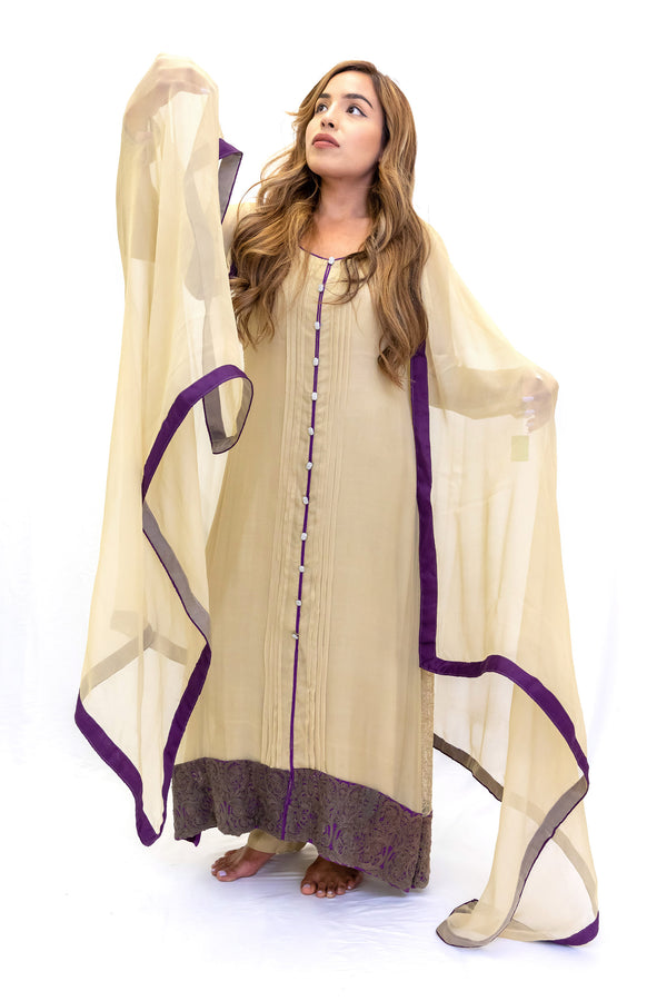 Beige Chiffon Silk Salwar Kameez Suit - Traditional South Asian Fashion 