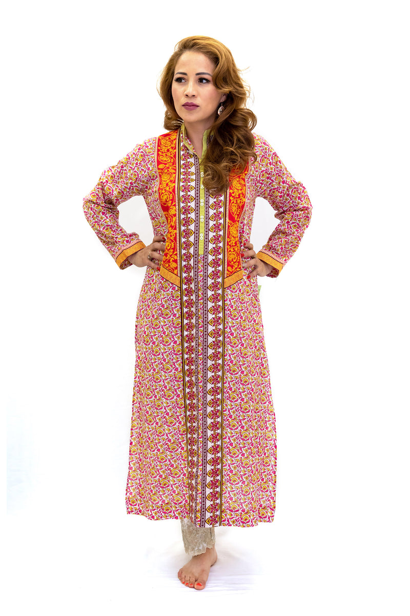 Maroon & Orange Print Cotton Kurti - Shirt - South Asian Fashion