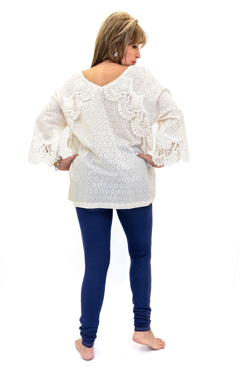 White Cotton Shirt - Lace Accents - Casual South Asian Fashion