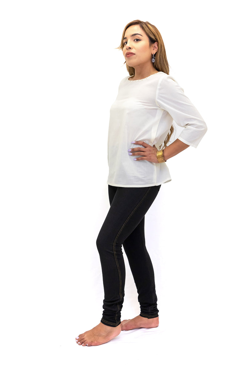 White Long Cotton Shirt & Dark Wash Jeggings - South Asian Fashion