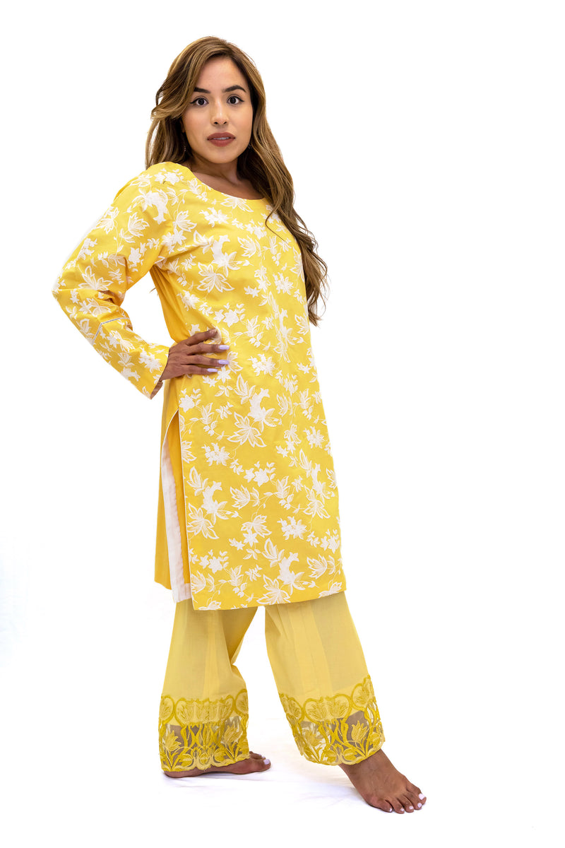 Saanjh Yellow printed Anarkali with palazzo and dupatta- Set of 3 |  Designer dresses casual, Kurta designs, Latest dress design