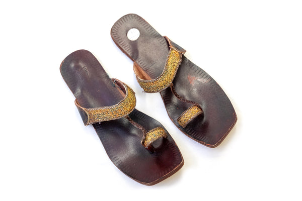 Leather Sandals With Gold Embroidery - Kolhapuri Chappal - Women's