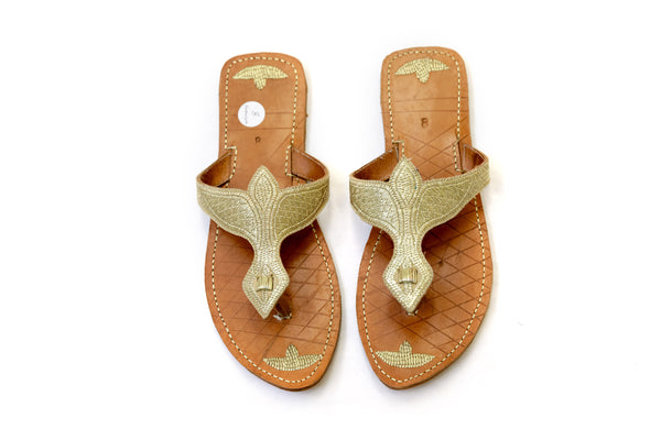 Gold Embroidered Leather Flip Flops - South Asian Fashion & Unique Home Decor