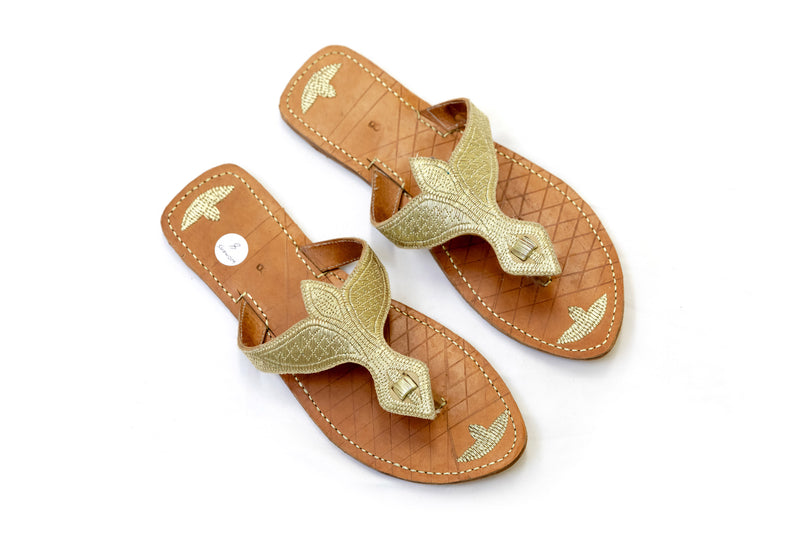 Gold Embroidered Leather Flip Flops - South Asian Fashion & Unique Home Decor