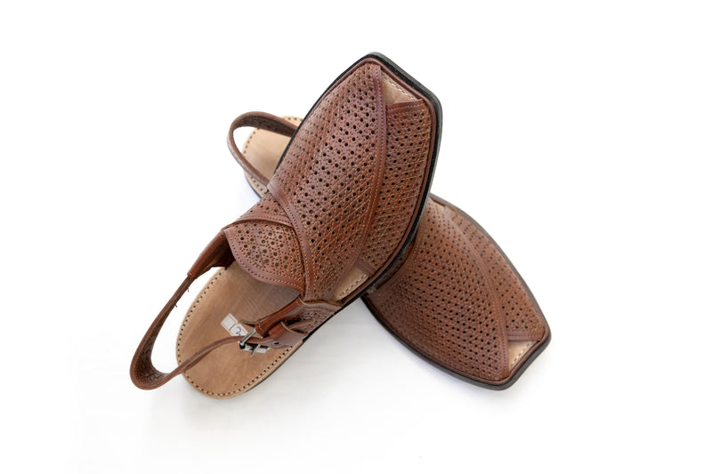 Brown Hole Leather Peshawari chappal- Sandals - Men's - South Asian Fashion & Unique Home Decor