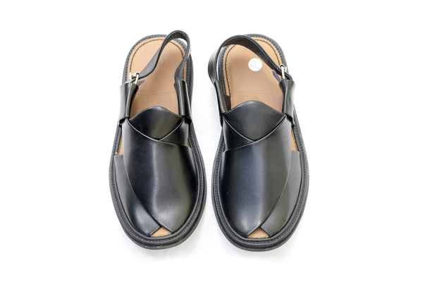 Black Leather Peshawari Chappal - Sandals - Men's