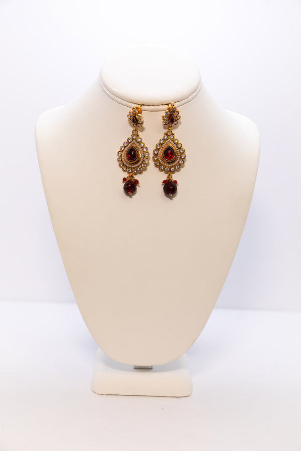 Three Tier Golden Earrings with Red Stones - Indian Dangle Earrings