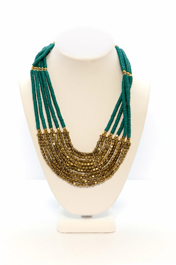 Turquoise & Brass Beaded Necklace - Traditional South Asian Jewelry