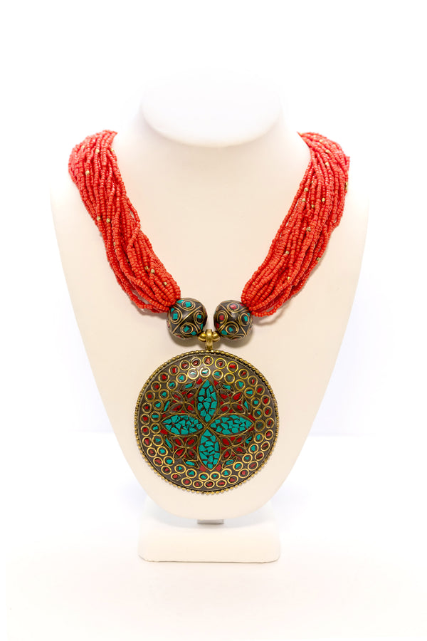 Red Beaded Necklace with Large Pendant - South Asian Fashion & Unique Home Decor