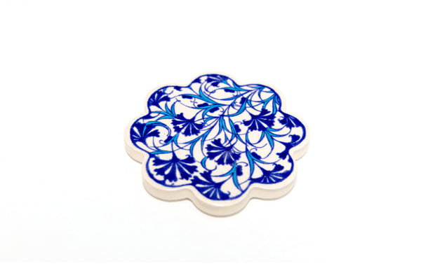 Blue Floral Painted Turkish Ceramic Coaster - Handmade Home Decor