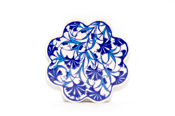 Blue Floral Painted Turkish Ceramic Coaster - Handmade Home Decor