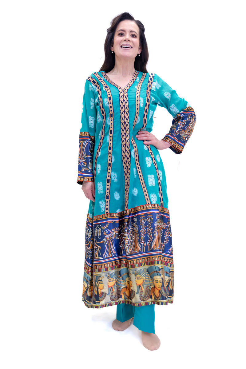 Turquoise Cotton & Silk Salwar Kameez - Suit - South Asian Fashion