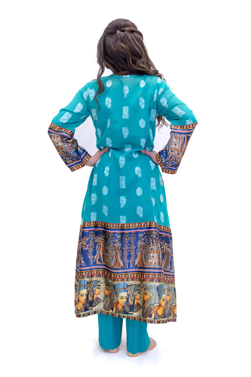 Turquoise Cotton & Silk Salwar Kameez - Suit - South Asian Fashion