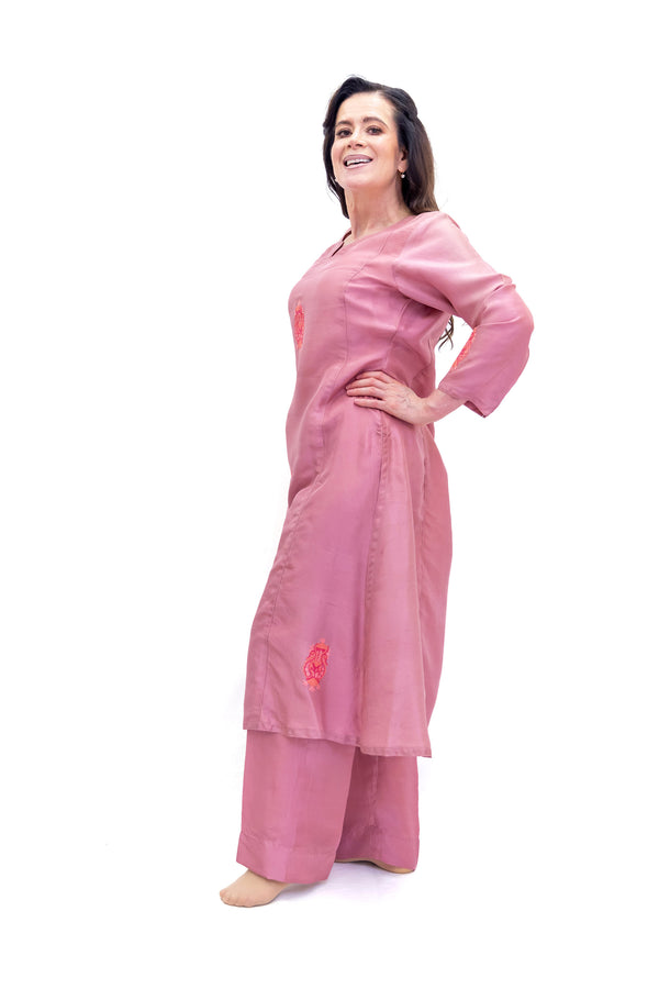 Blush Pink Silk Salwar Kameez - Kashmir Suit - South Asian Fashion