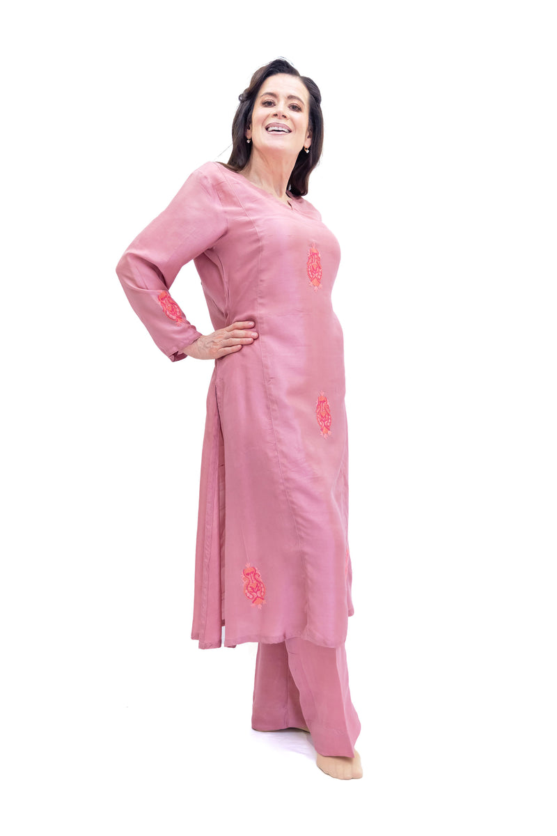 Blush Pink Silk Salwar Kameez - Kashmir Suit - South Asian Fashion
