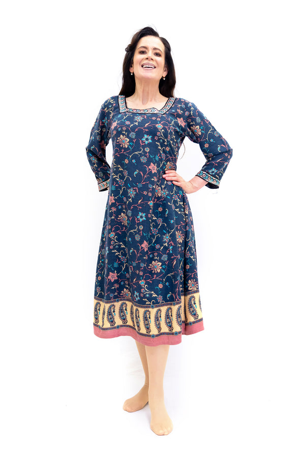 Blue Embroidered Long Sleeve Dress - Women's South Asian Fashion