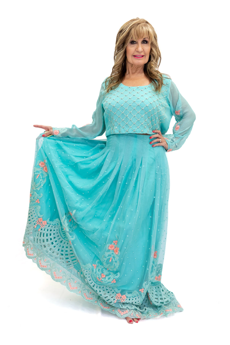 Net Teal Lengha & Long Sleeve - South Asian Fashion - Formal Wear