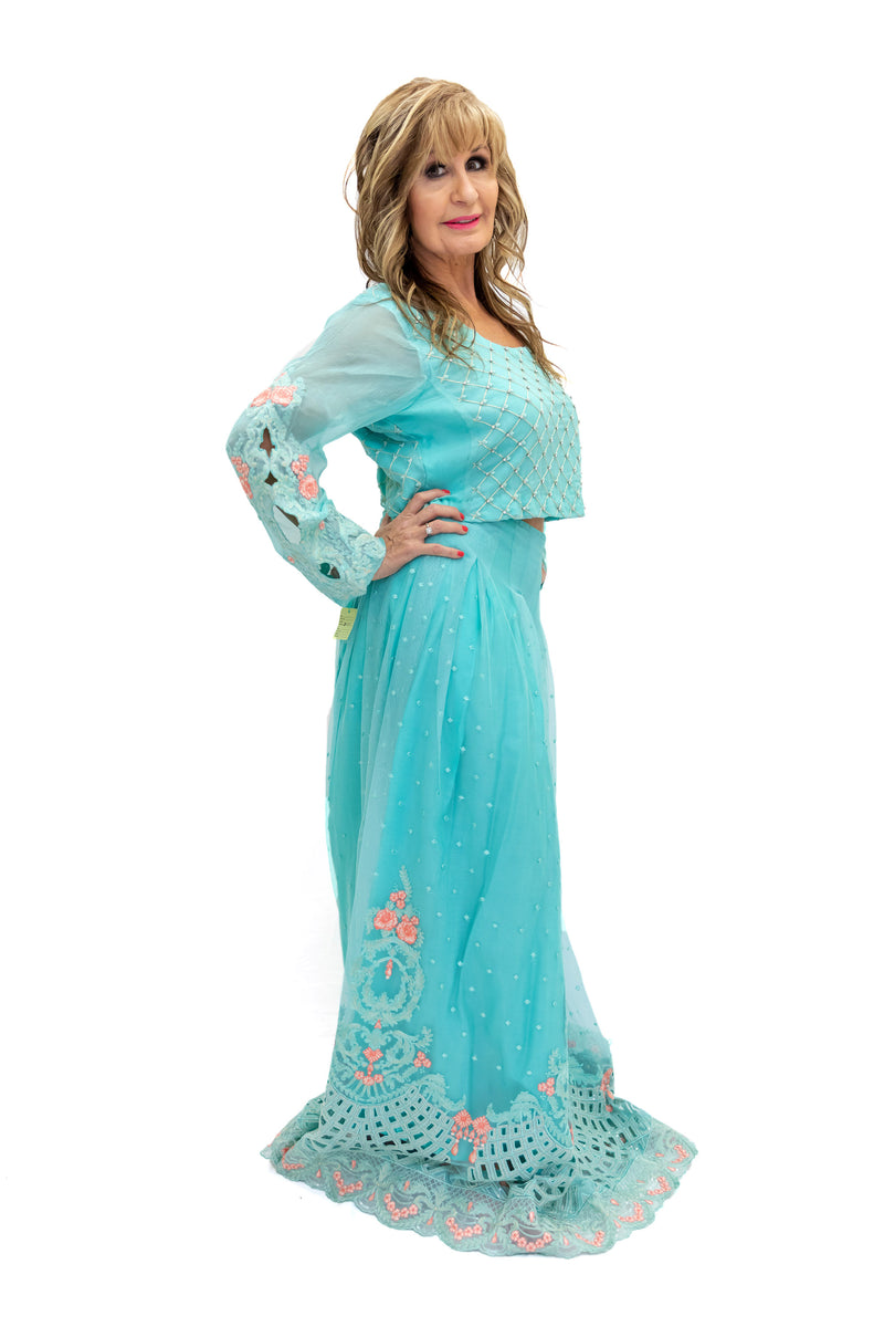 Net Teal Lengha & Long Sleeve - South Asian Fashion - Formal Wear